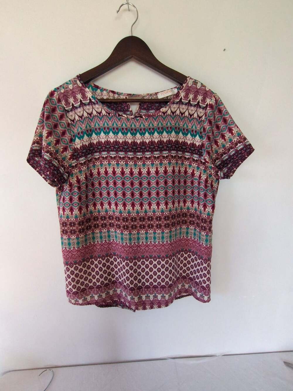 Renee Short Sleeve Blouse Size M Multicolor Boho Print